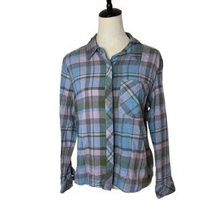 KUT from the kloth purple and blue button front plaid shirt sz M